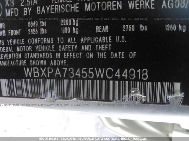 WBXPA73455WC44918 - 2005 BMW X3 2.5I SILVER photo 9