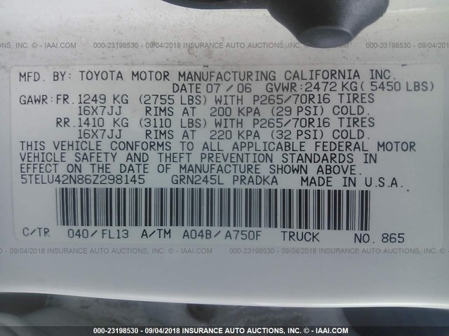 5TELU42N86Z298145 - 2006 TOYOTA TACOMA DOUBLE CAB 白色 照片 9