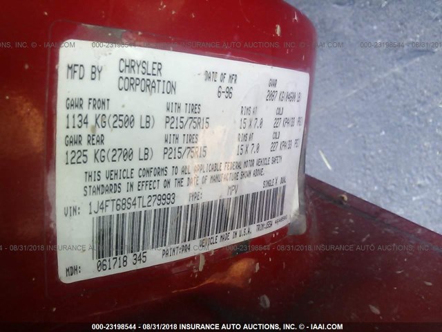 1J4FT68S4TL279993 - 1996 JEEP CHEROKEE SPORT/CLASSIC Czerwony zdjęcie 9