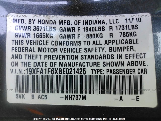 19XFA1F6XBE021425 - 2011 HONDA CIVIC LX-S GRAY photo 9