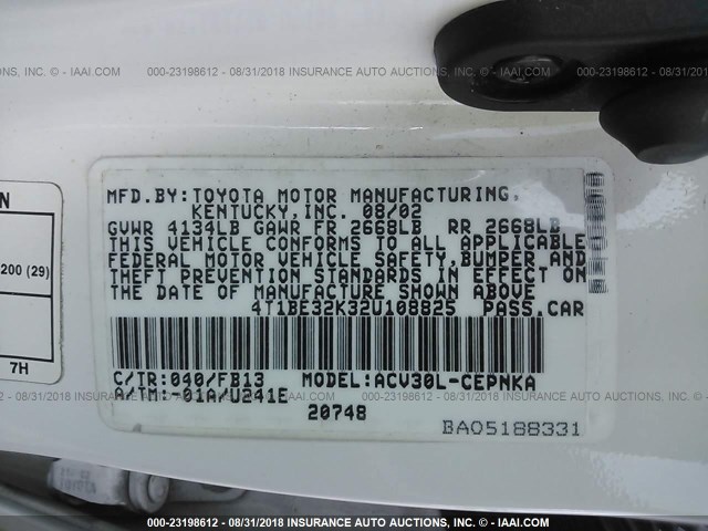 4T1BE32K32U108825 - 2002 TOYOTA CAMRY LE/XLE/SE Ақ фото 9