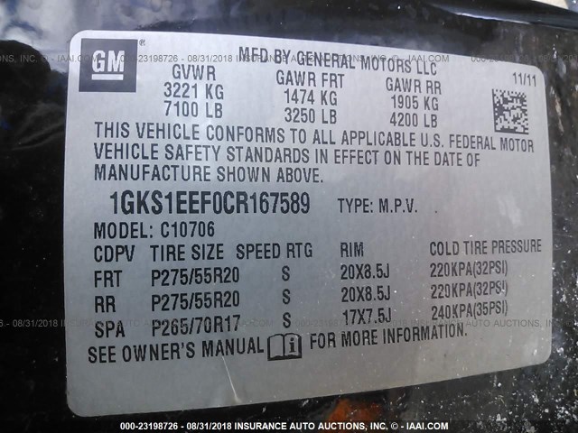 1GKS1EEF0CR167589 - 2012 GMC YUKON DENALI BLACK photo 9