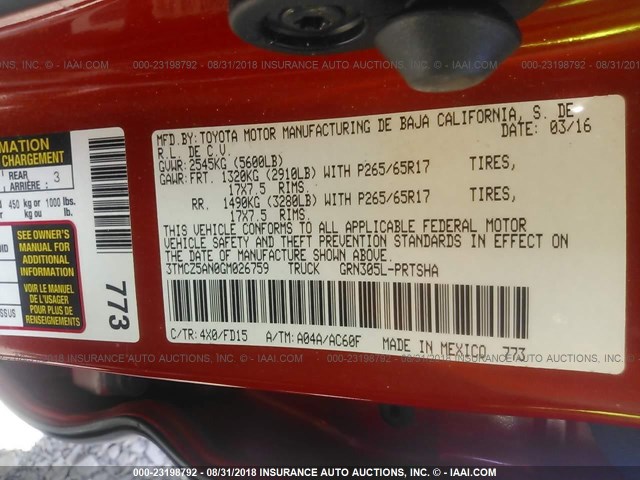 3TMCZ5AN0GM026759 - 2016 TOYOTA TACOMA DBL CAB/SR/SR5/TRD SPT/OR ORANGE photo 9