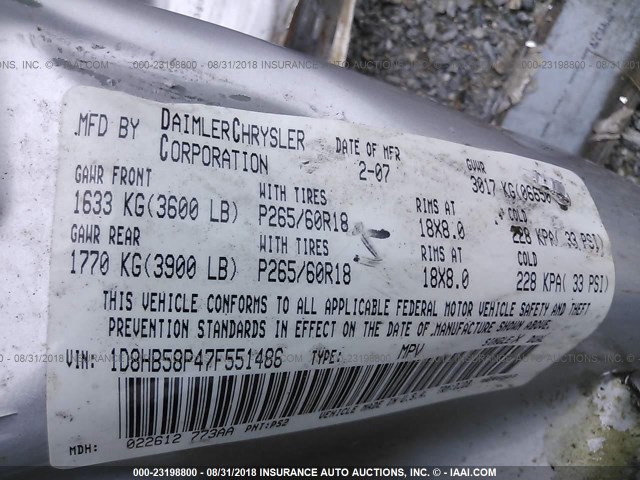 1D8HB58P47F551486 - 2007 DODGE DURANGO LIMITED SILVER photo 9