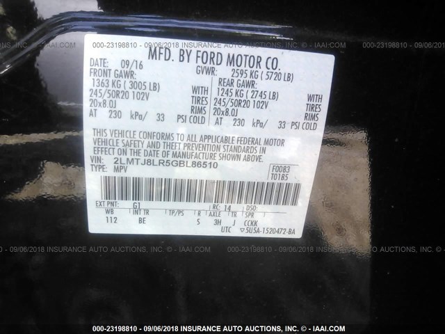 2LMTJ8LR5GBL86510 - 2016 LINCOLN MKX RESERVE 黑色 照片 9