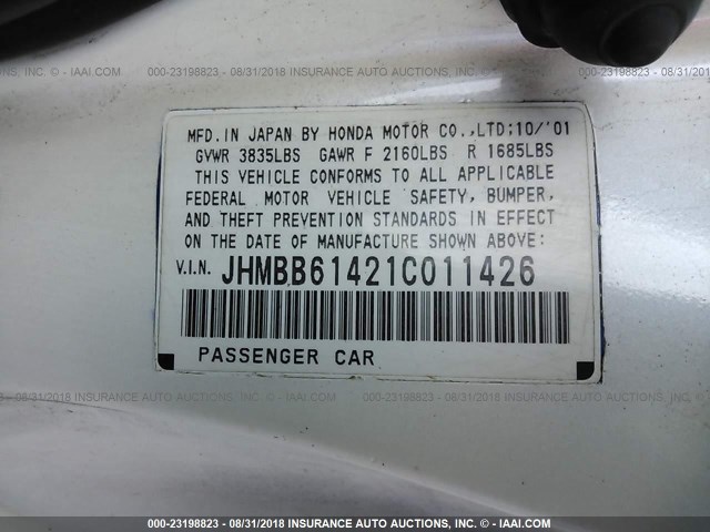 JHMBB61421C011426 - 2001 HONDA PRELUDE WHITE photo 9