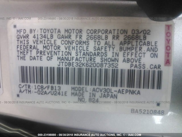 JTDBE32K620087352 - 2002 TOYOTA CAMRY LE/XLE/SE 银色 照片 9