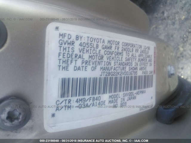 JT2BG22K2V0016795 - 1997 TOYOTA CAMRY LE/XLE GOLD photo 9