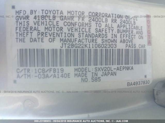 JT2BG22K110602303 - 2001 TOYOTA CAMRY CE/LE/XLE 银色 照片 9