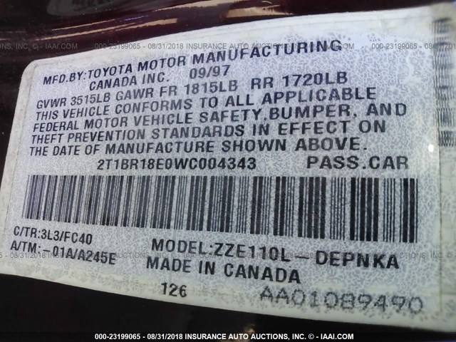 2T1BR18E0WC004343 - 1998 TOYOTA COROLLA VE/CE/LE 勃艮第红 照片 9