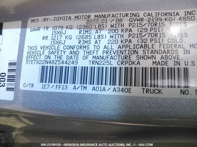 5TETX22N48Z544249 - 2008 TOYOTA TACOMA ACCESS CAB Күміс фото 9