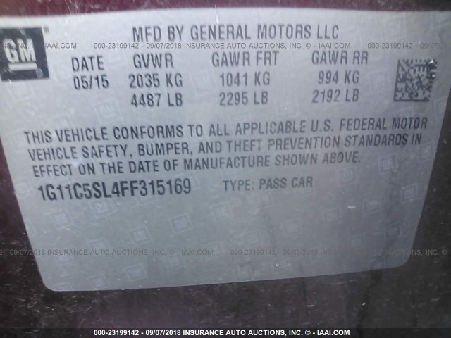 1G11C5SL4FF315169 - 2015 CHEVROLET MALIBU 1LT BURGUNDY photo 9