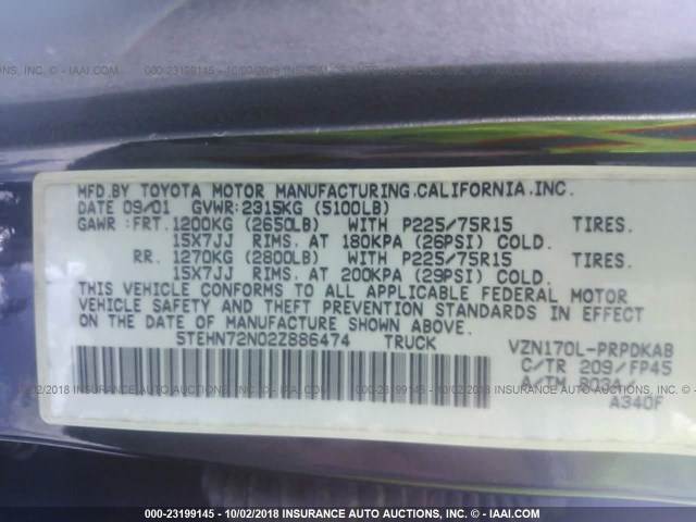 5TEHN72N02Z886474 - 2002 TOYOTA TACOMA DOUBLE CAB 黑色 照片 9