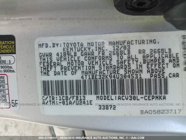 4T1BE32K94U304531 - 2004 TOYOTA CAMRY LE/XLE/SE SILVER photo 9