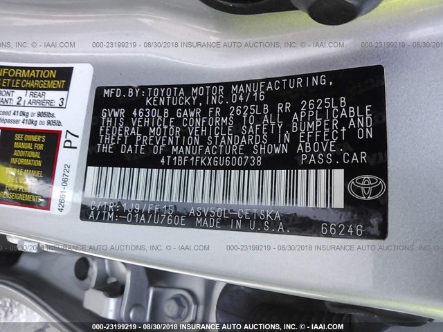 4T1BF1FKXGU600738 - 2016 TOYOTA CAMRY LE/XLE/SE/XSE 银色 照片 9