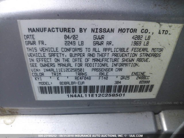 1N4AL11E12C258501 - 2002 NISSAN ALTIMA S/SL SILVER photo 9