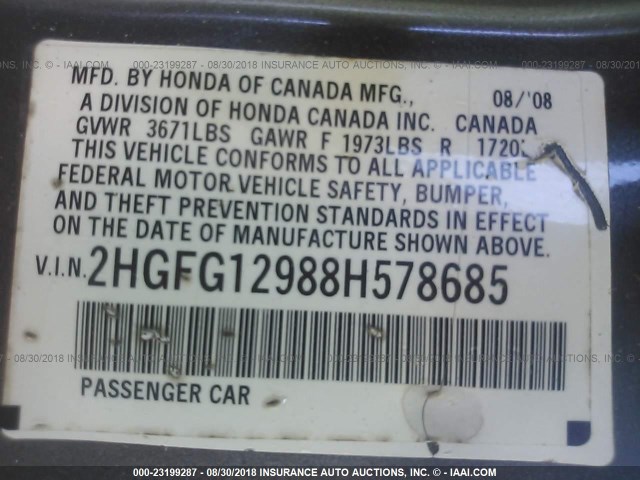 2HGFG12988H578685 - 2008 HONDA CIVIC EXL 灰色 照片 9