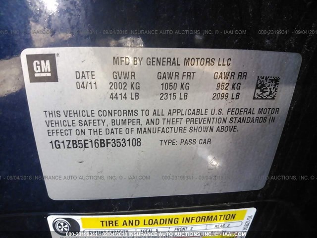 1G1ZB5E16BF353108 - 2011 CHEVROLET MALIBU LS Mavi foto 9