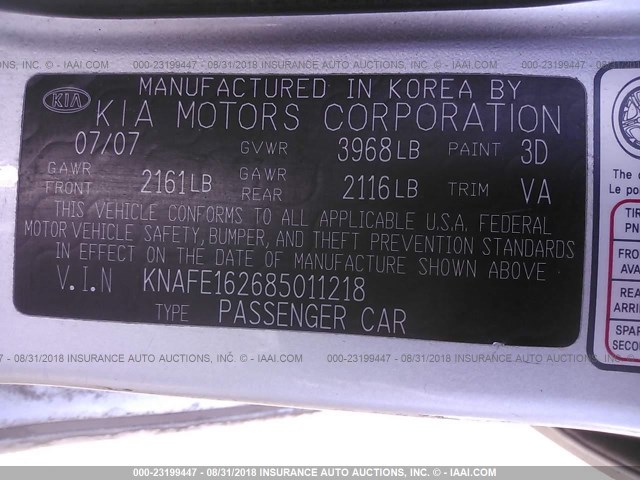 KNAFE162685011218 - 2008 KIA SPECTRA5 5 SX SILVER photo 9