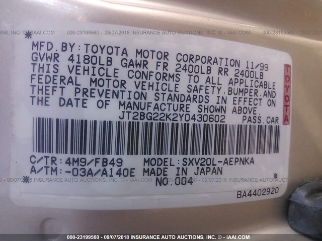 JT2BG22K2Y0430602 - 2000 TOYOTA CAMRY CE/LE/XLE 金色 照片 9