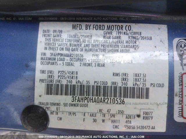 3FAHP0HA0AR210536 - 2010 FORD FUSION SE Dark Blue photo 9