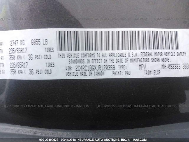 2C4RC1BGXJR120359 - 2018 CHRYSLER PACIFICA TOURING L Մոխրագույն լուսանկար 9