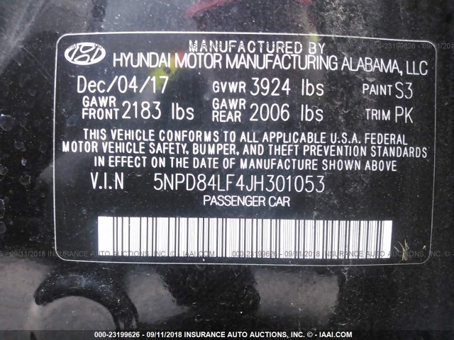 5NPD84LF4JH301053 - 2018 HYUNDAI ELANTRA SEL/VALUE/LIMITED BLACK photo 9