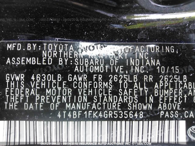 4T4BF1FK4GR535648 - 2016 TOYOTA CAMRY LE/XLE/SE/XSE BLACK photo 9