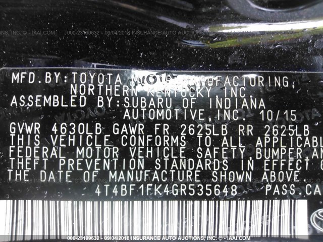 4T4BF1FK4GR535648 - 2016 TOYOTA CAMRY LE/XLE/SE/XSE 黑色 照片 9