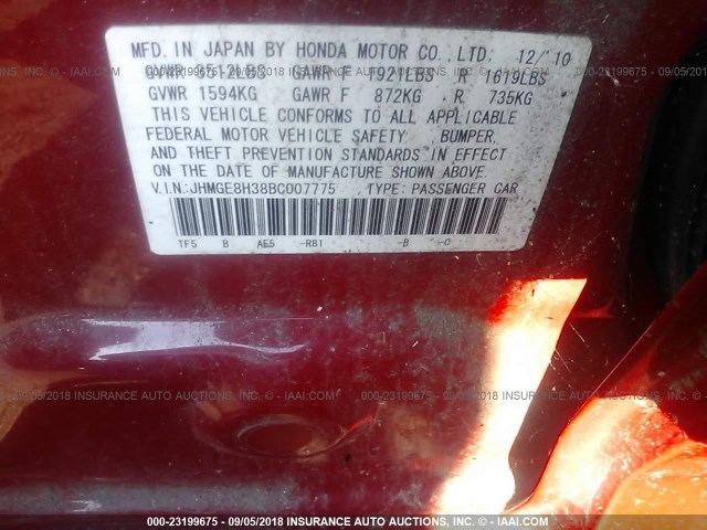 JHMGE8H38BC007775 - 2011 HONDA FIT RED photo 9