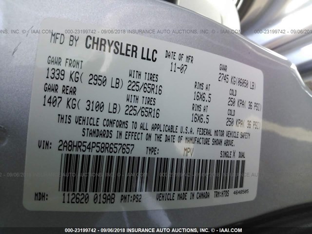 2A8HR54P58R657657 - 2008 CHRYSLER TOWN & COUNTRY TOURING SILVER photo 9