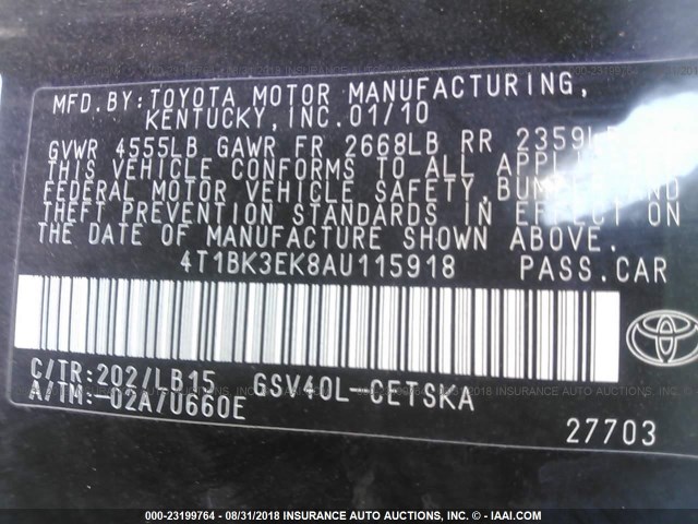 4T1BK3EK8AU115918 - 2010 TOYOTA CAMRY SE/LE/XLE BLACK photo 9