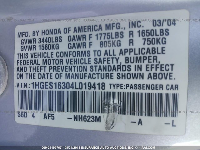 1HGES16304L019418 - 2004 HONDA CIVIC DX VP 银色 照片 9