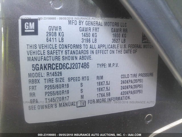 5GAKRCED6CJ207486 - 2012 BUICK ENCLAVE GRAY photo 9