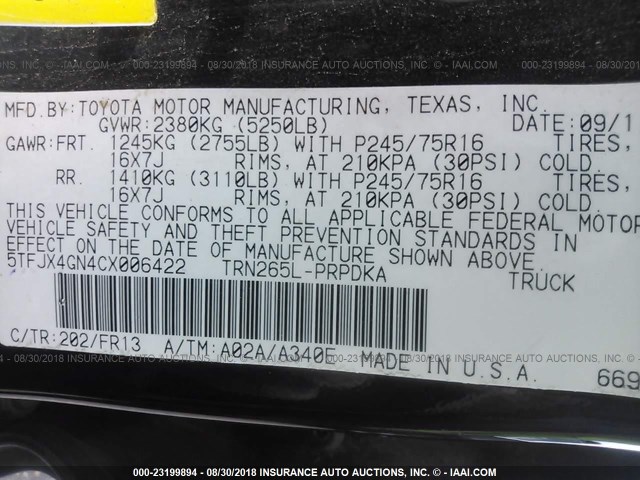 5TFJX4GN4CX006422 - 2012 TOYOTA TACOMA DOUBLE CAB შავი ფოტო 9