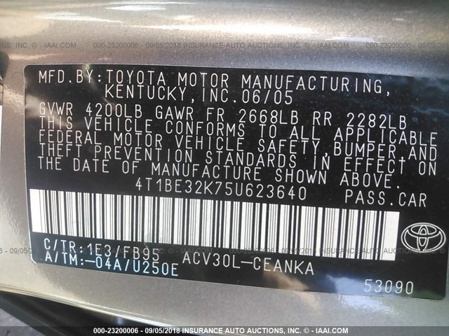 4T1BE32K75U623640 - 2005 TOYOTA CAMRY LE/XLE/SE Boz foto 9