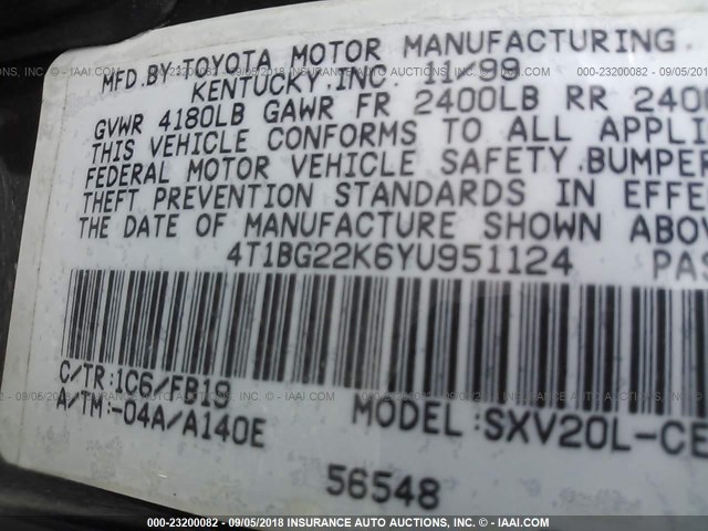 4T1BG22K6YU951124 - 2000 TOYOTA CAMRY CE/LE/XLE 灰色 照片 9