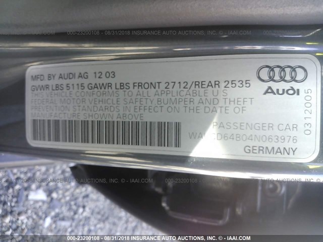 WAUCD64B04N063976 - 2004 AUDI A6 S-LINE QUATTRO GRAY photo 9