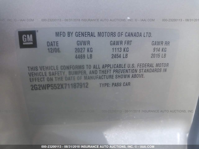 2G2WP552X71187912 - 2007 PONTIAC GRAND PRIX Արծաթագույն լուսանկար 9