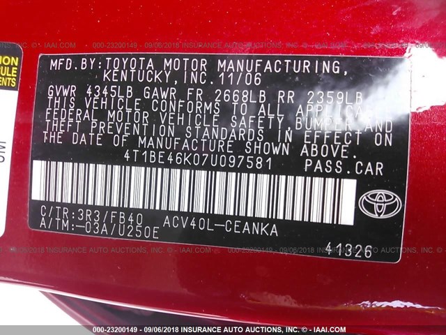 4T1BE46K07U097581 - 2007 TOYOTA CAMRY NEW GENERAT CE/LE/XLE/SE RED photo 9