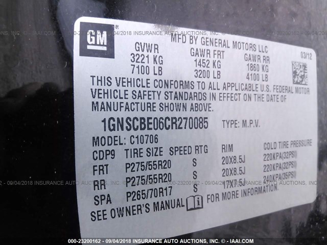 1GNSCBE06CR270085 - 2012 CHEVROLET TAHOE C1500 LT BLACK photo 9