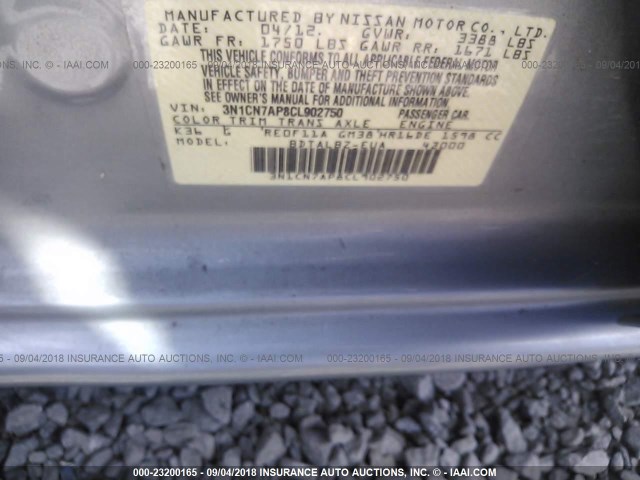 3N1CN7AP8CL902750 - 2012 NISSAN VERSA S/SV/SL GRAY photo 9