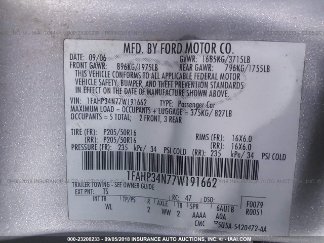 1FAHP34N77W191662 - 2007 FORD FOCUS ZX4/S/SE/SES Күміс фото 9