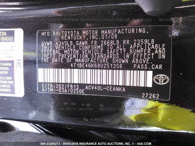 4T1BE46K68U251356 - 2008 TOYOTA CAMRY CE/LE/XLE/SE BLACK photo 9