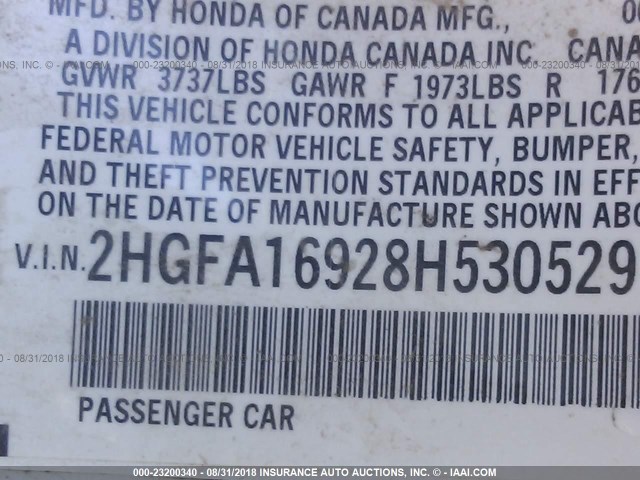 2HGFA16928H530529 - 2008 HONDA CIVIC EXL 白色 照片 9