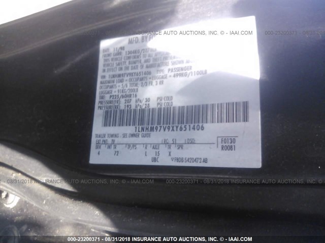 1LNHM97V9XY651406 - 1999 LINCOLN CONTINENTAL  BLACK photo 9