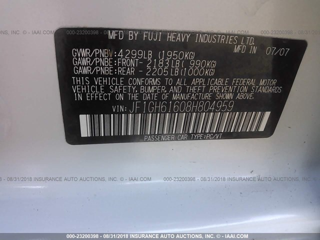 JF1GH61608H804959 - 2008 SUBARU IMPREZA 2.5I WHITE photo 9