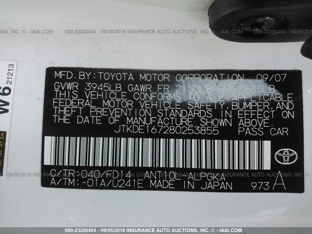 JTKDE167280253855 - 2008 TOYOTA SCION TC 白色 照片 9