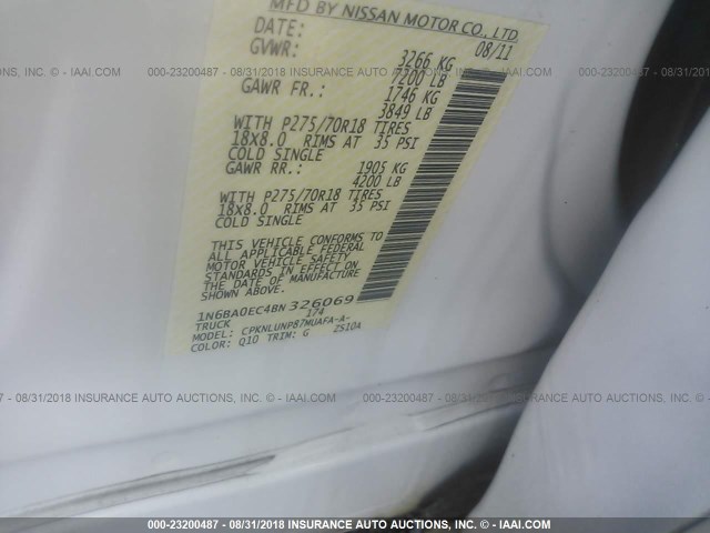 1N6BA0EC4BN326069 - 2011 NISSAN TITAN S/SV/SL/PRO-4X WHITE photo 9