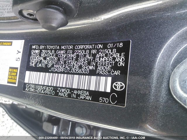 JTDKBRFU7J3058303 - 2018 TOYOTA PRIUS GRAY photo 9